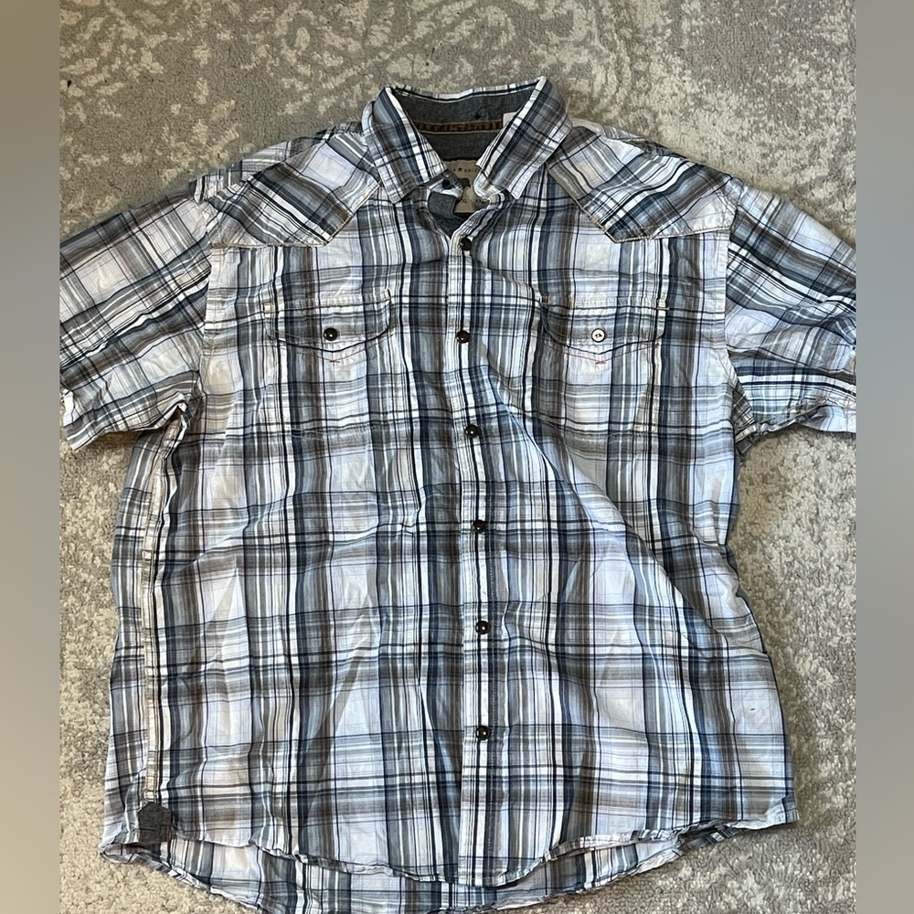 Dakota Grizzly Mens Button Shirt Size Large Blue Plaid Short Sleeve 100% Cotton